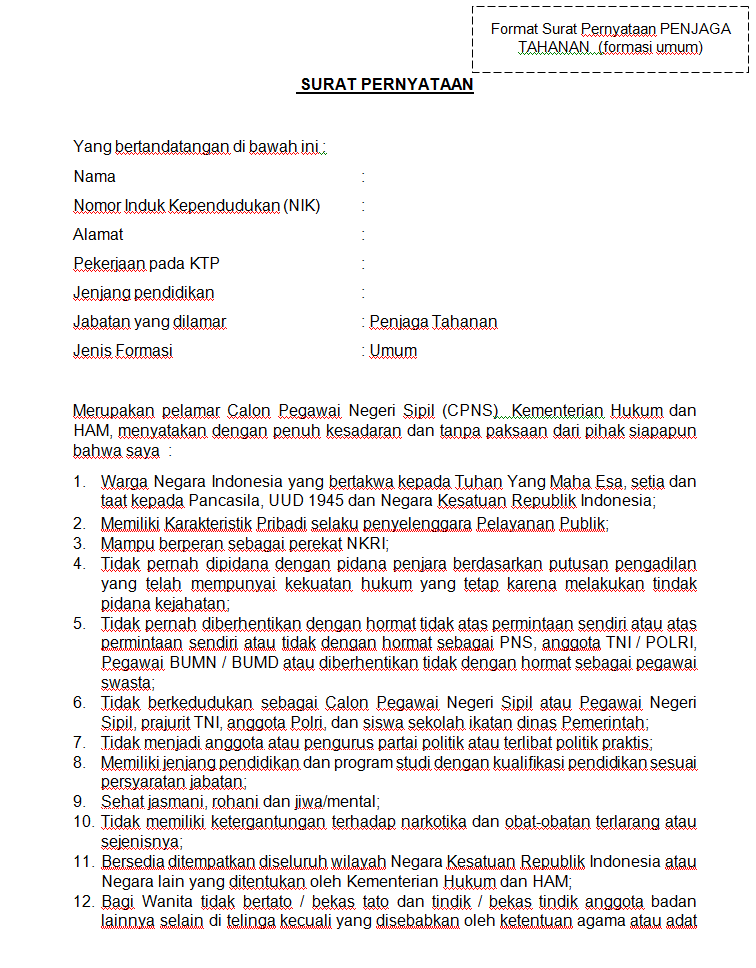 Contoh Surat Lamaran Kerja Cpns Kemenkumham 2017 Untuk Sma