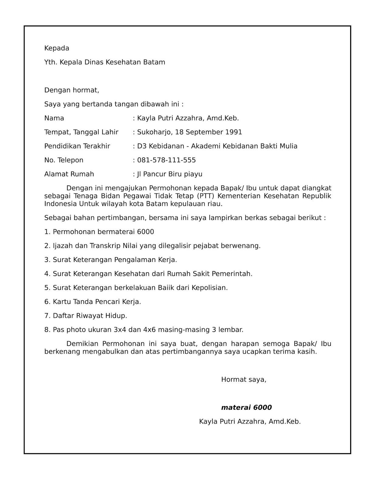 Contoh Surat Lamaran Kerja D3 Kebidanan
