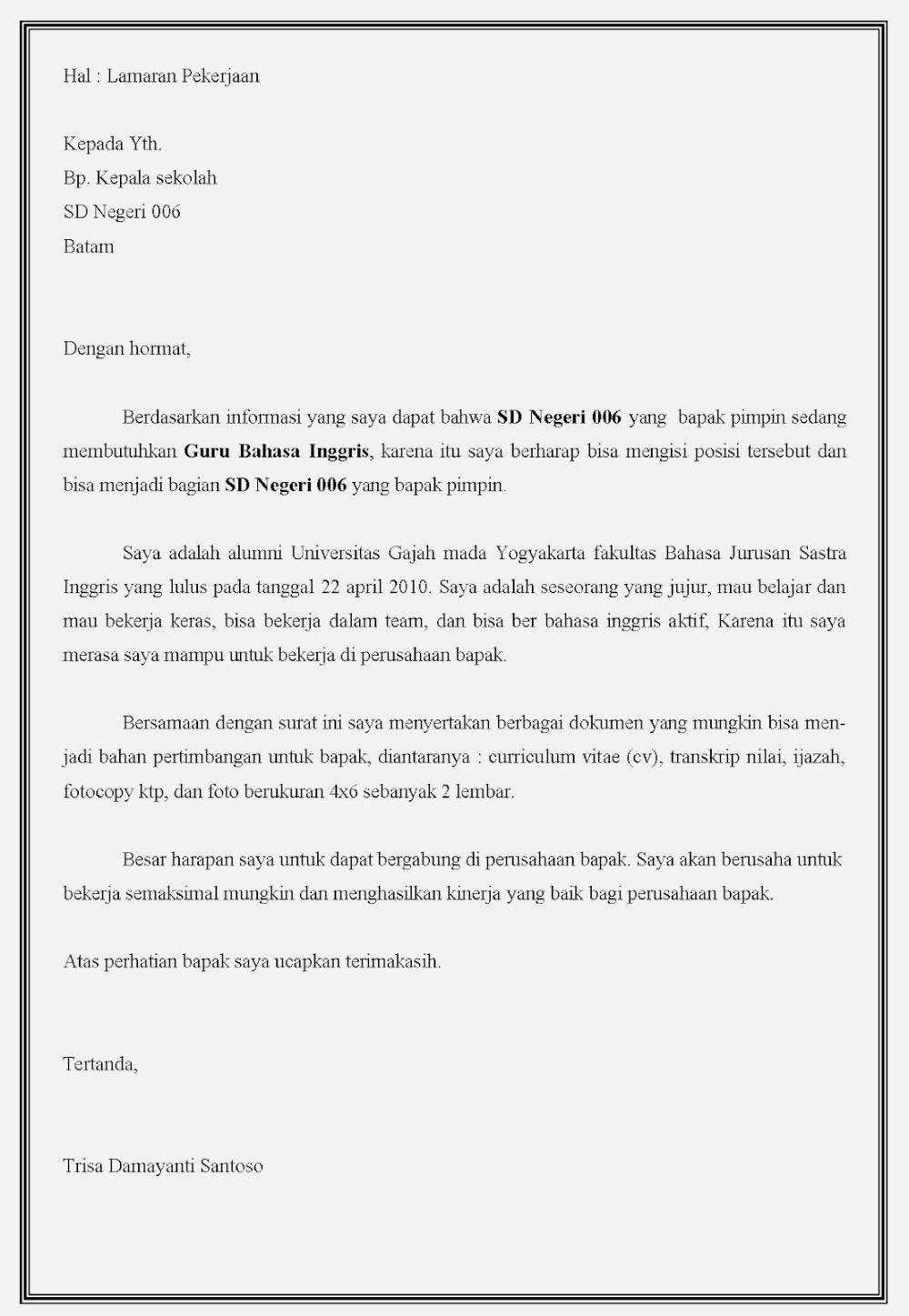 Contoh Surat Lamaran Kerja Dalam Bahasa Ibggris