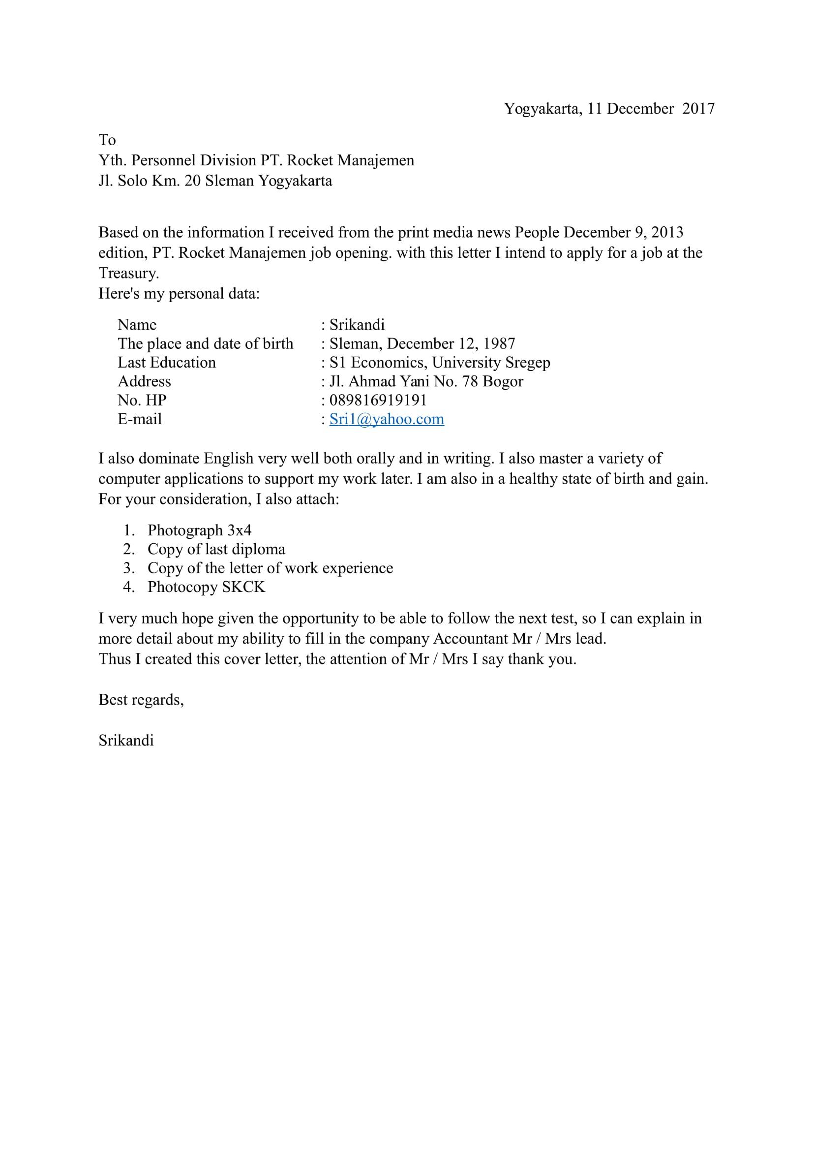 Contoh Surat Lamaran Kerja Dalam Bahasa Inggris Lengkap Dengan Cv