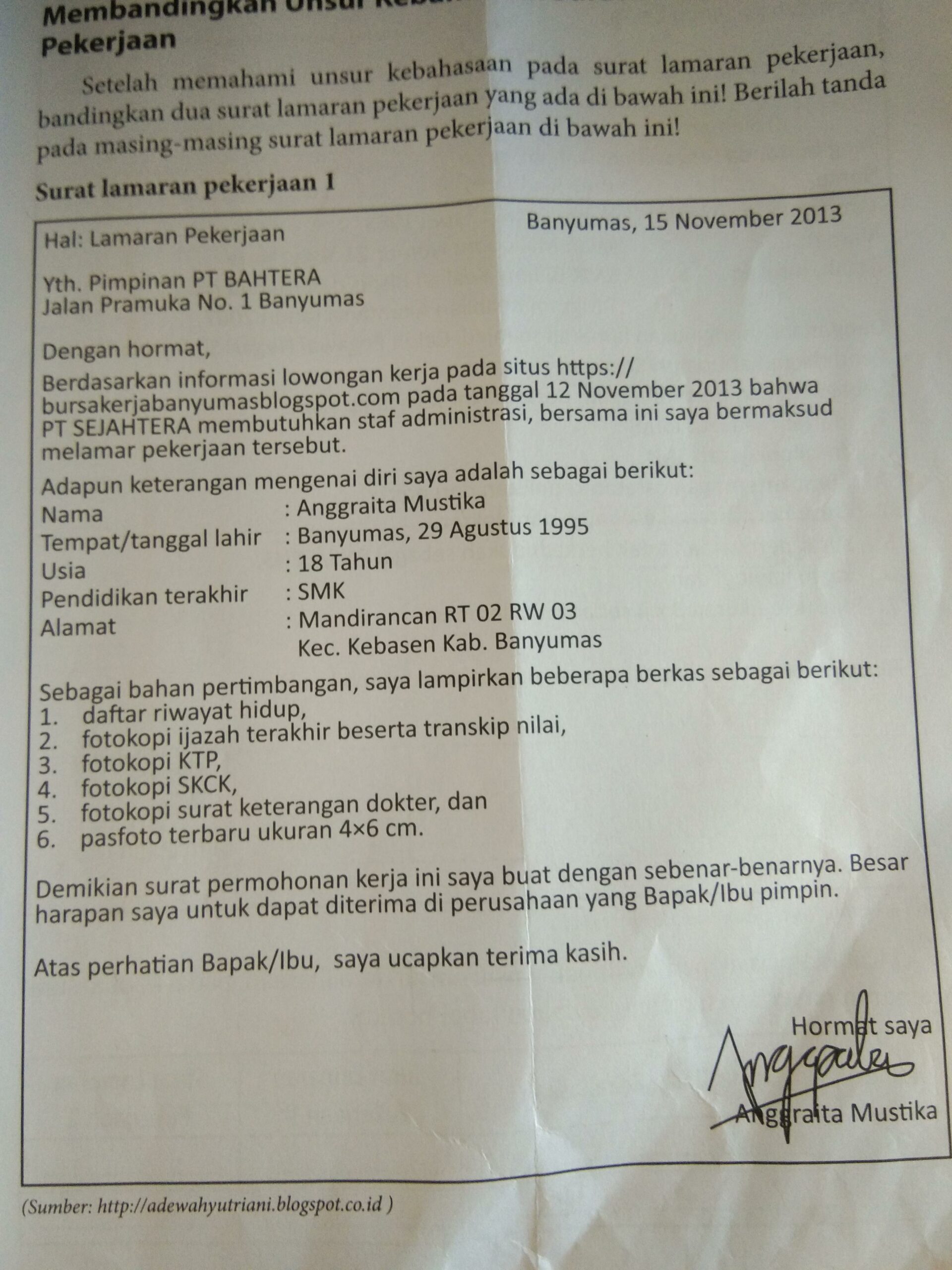 Contoh Surat Lamaran Kerja Dan Unsur Unsurnya