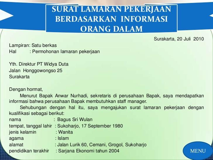 Contoh Surat Lamaran Kerja Dari Orang Dalam