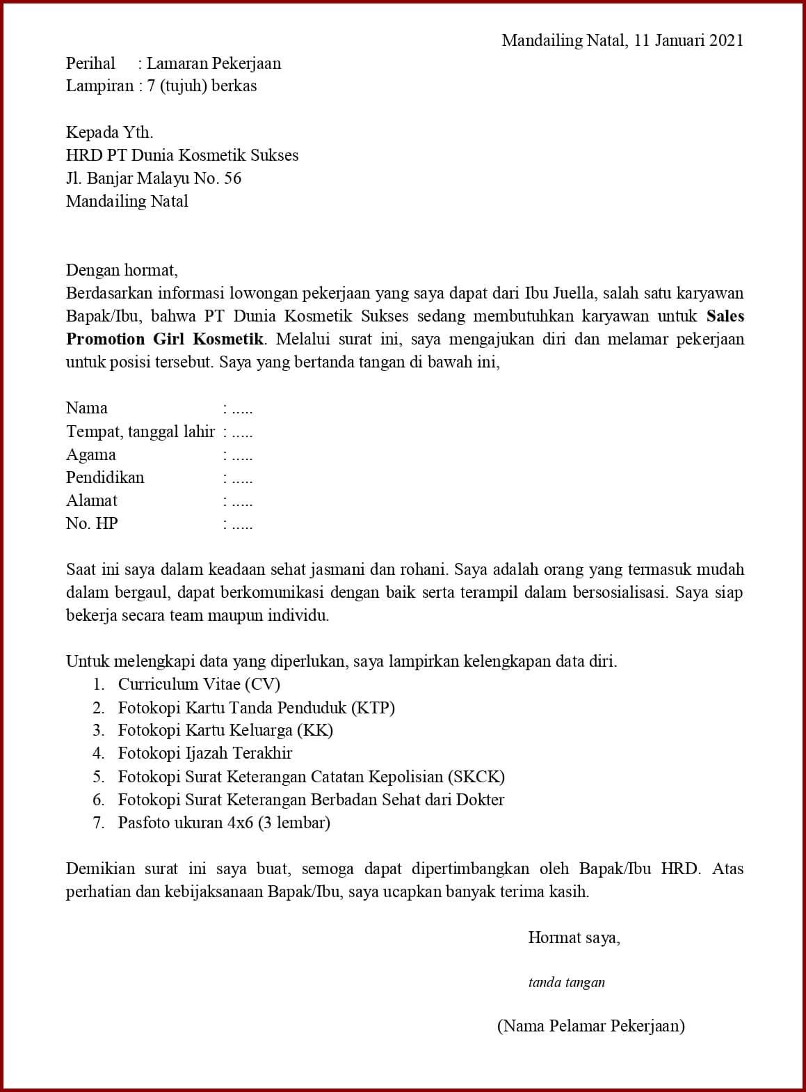 Contoh Surat Lamaran Kerja Dengan Informasi