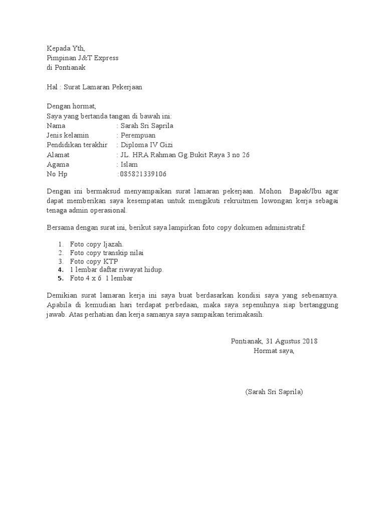 Contoh Surat Lamaran Kerja Di J&t
