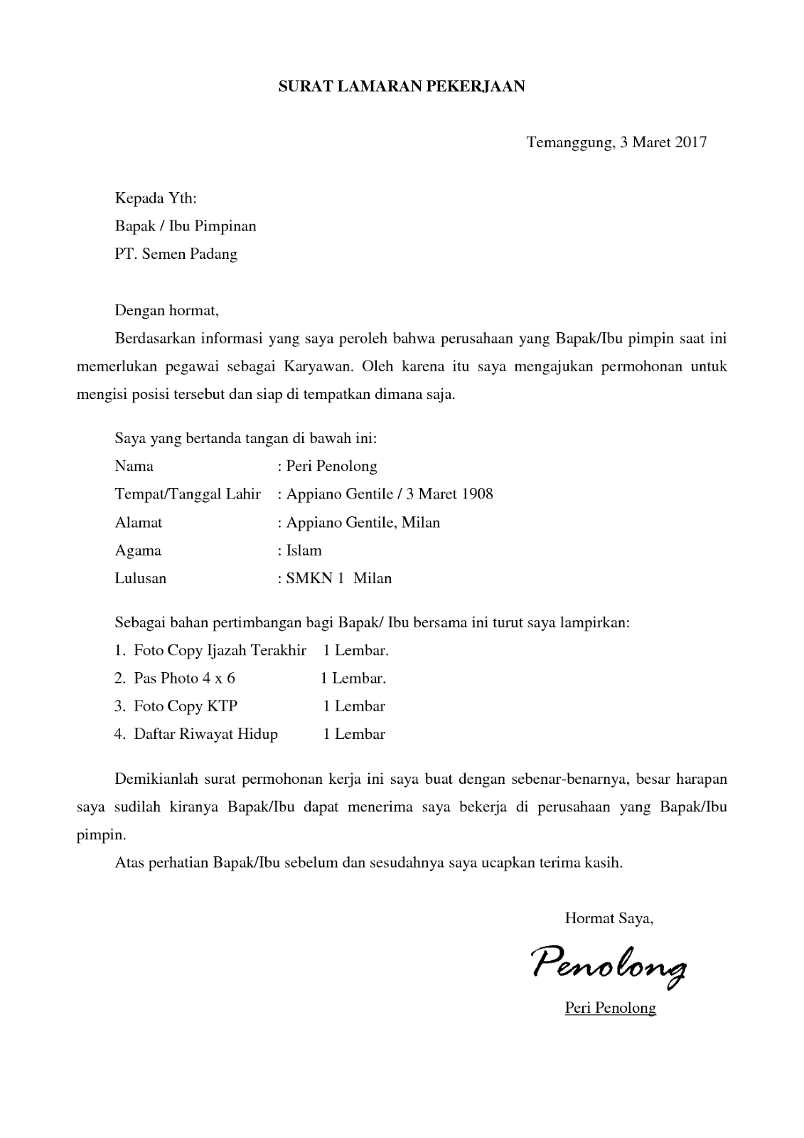 Contoh Surat Lamaran Kerja Di Kantor Walikota 2018