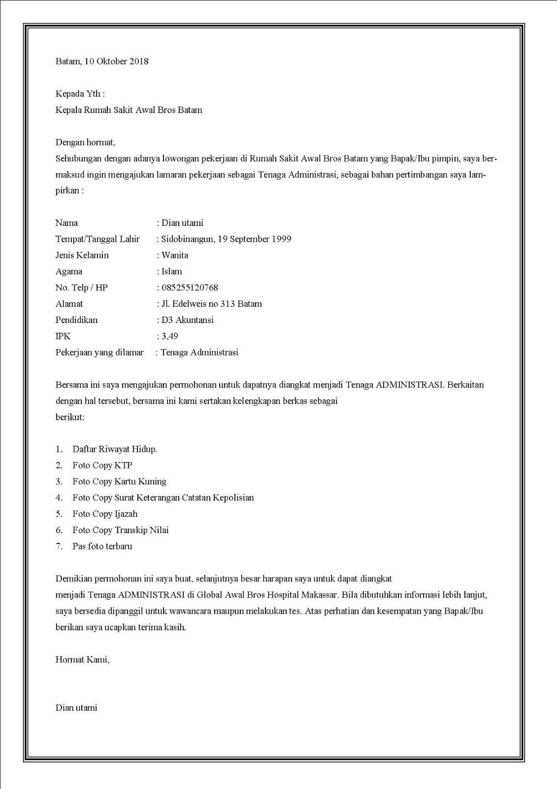 Contoh Surat Lamaran Kerja Di Klinik Tulis Tangan
