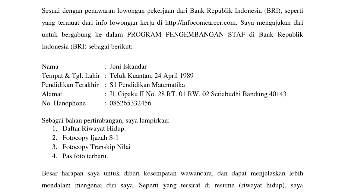 Contoh Surat Lamaran Kerja Di Lembaga Sekolah Aanaan