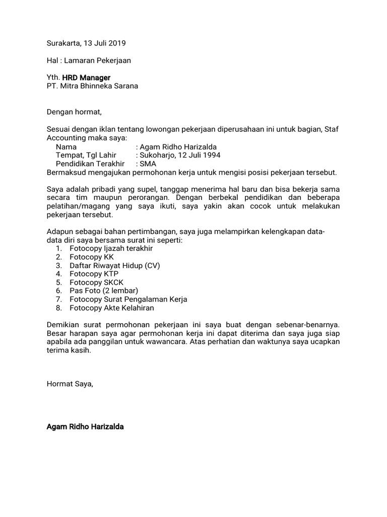 Contoh Surat Lamaran Kerja Di Mitratel