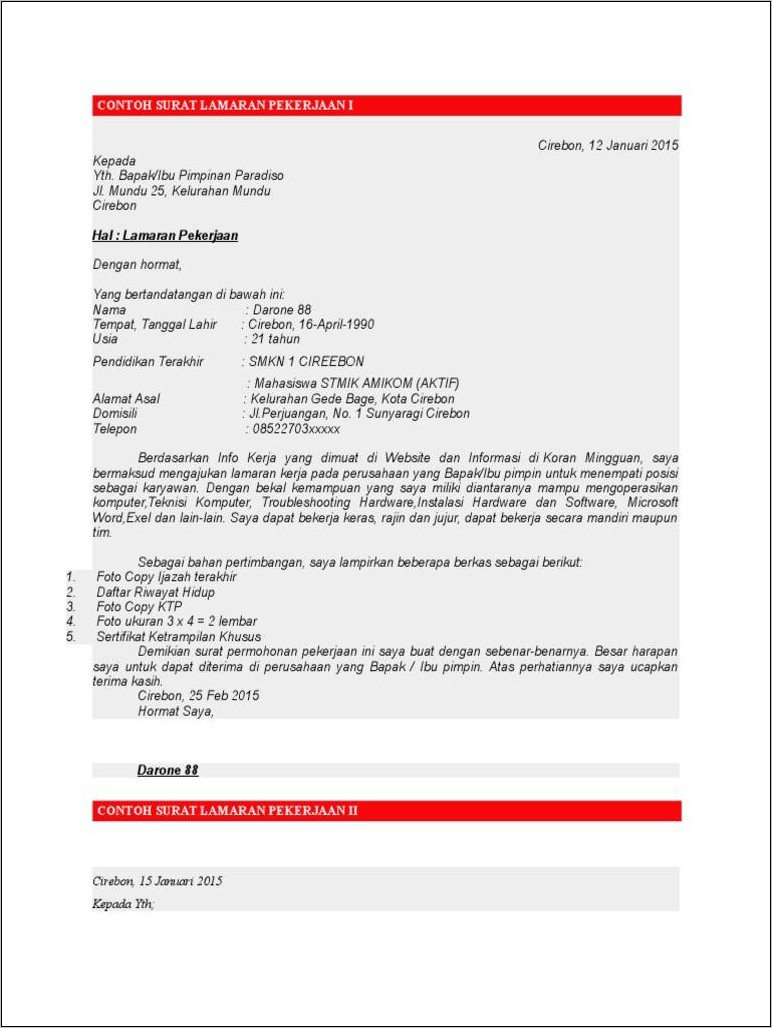 Contoh Surat Lamaran Kerja Di Perusahaan Komputer