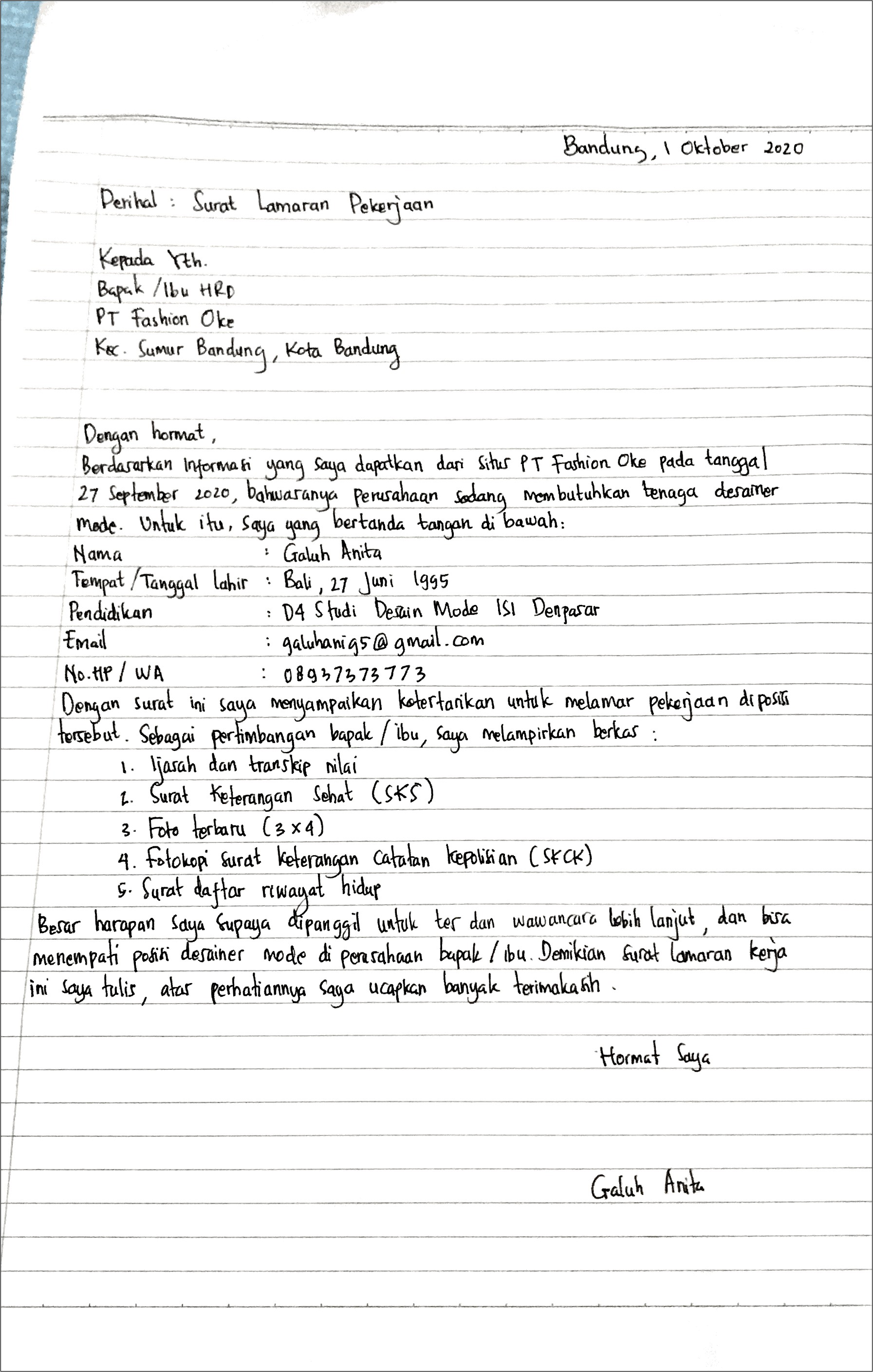Contoh Surat Lamaran Kerja Di Perusahaan Tulis Tangan