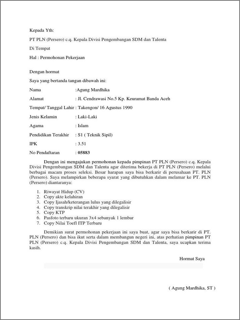 Contoh Surat Lamaran Kerja Di Pln Dalam Bahasa Inggris