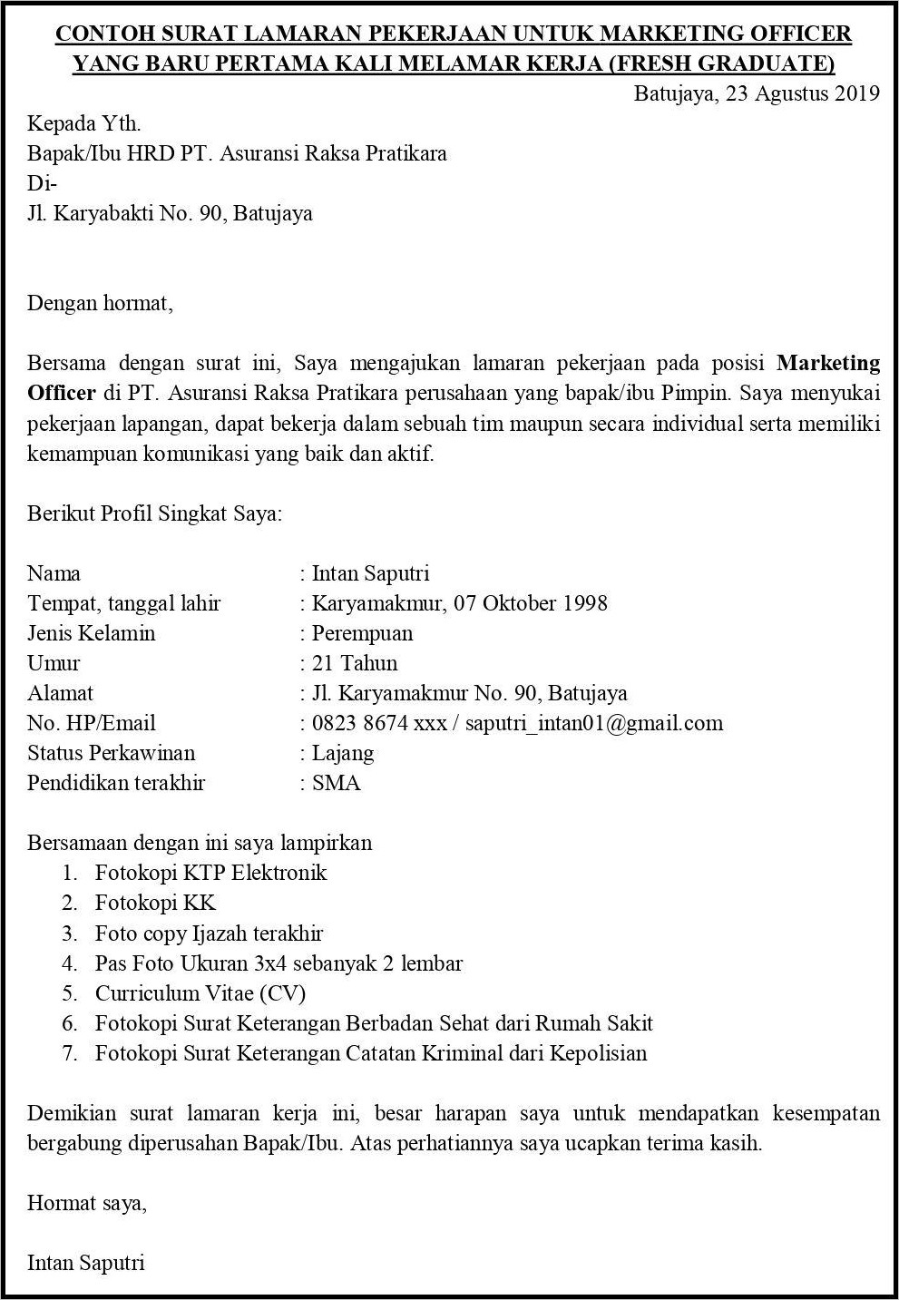 Contoh Surat Lamaran Kerja Di Pt Asuransi