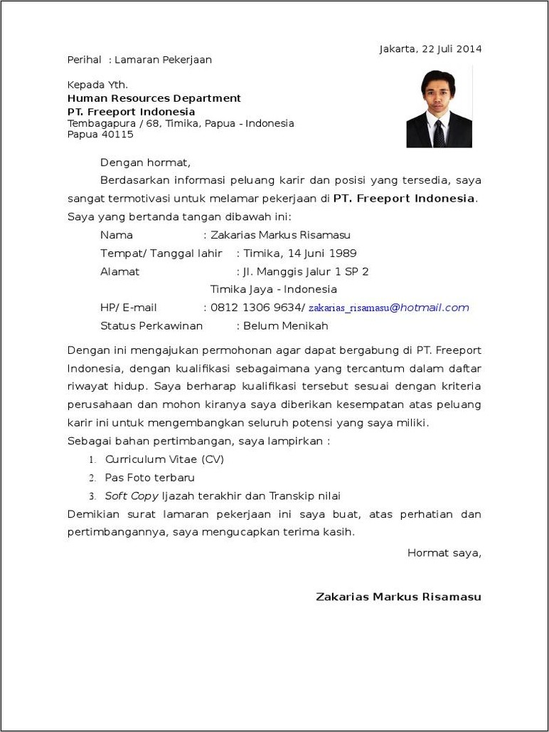 Contoh Surat Lamaran Kerja Di Pt Freeport Indonesia