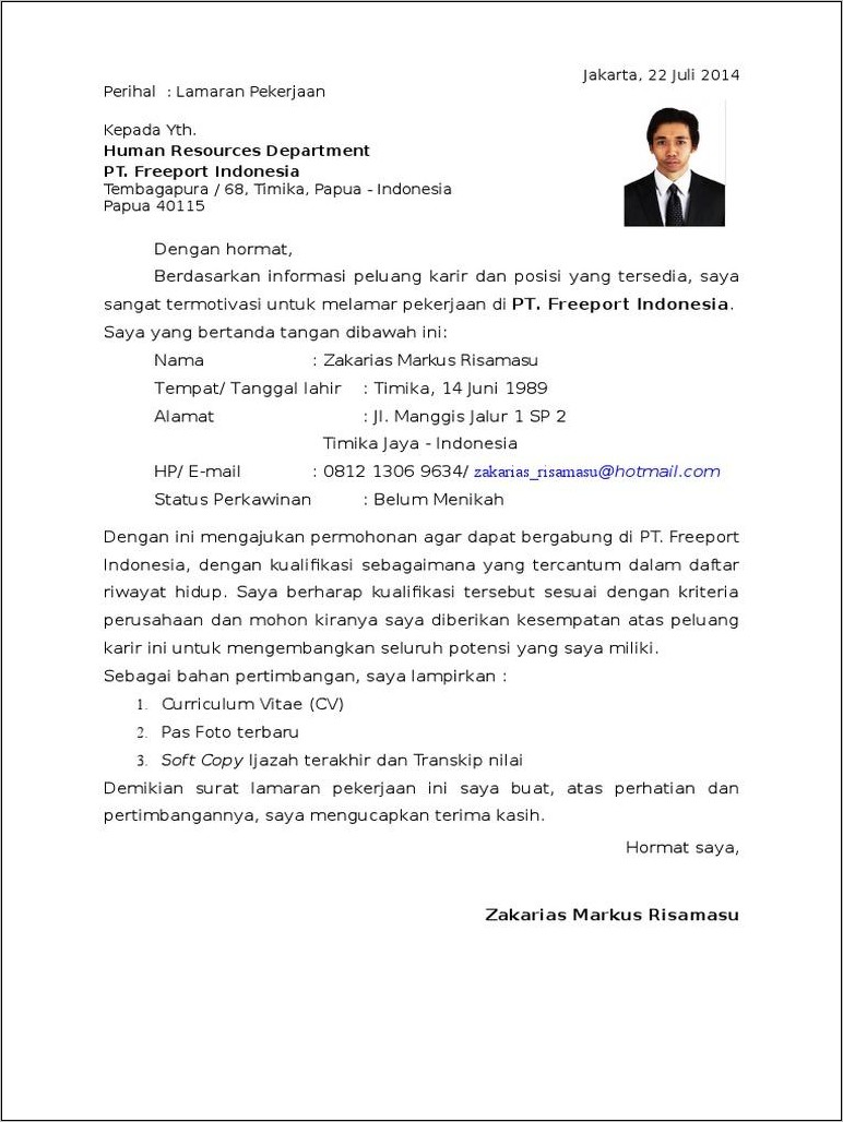 Contoh Surat Lamaran Kerja di PT Freeport Indonesia