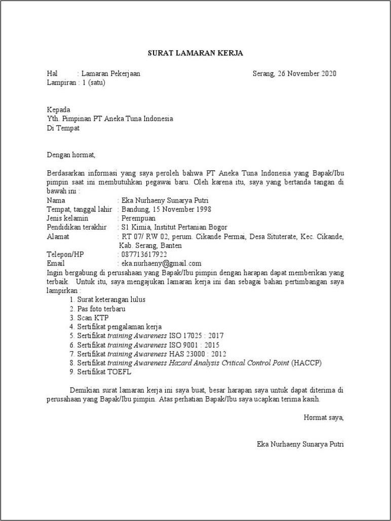 Contoh Surat Lamaran Kerja Di Pt Harvest