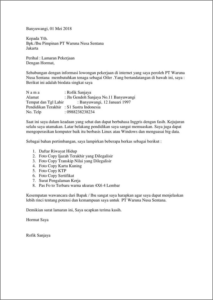 Contoh Surat Lamaran Kerja Di Pt Holkim Indonesia Sulawesi Selatan