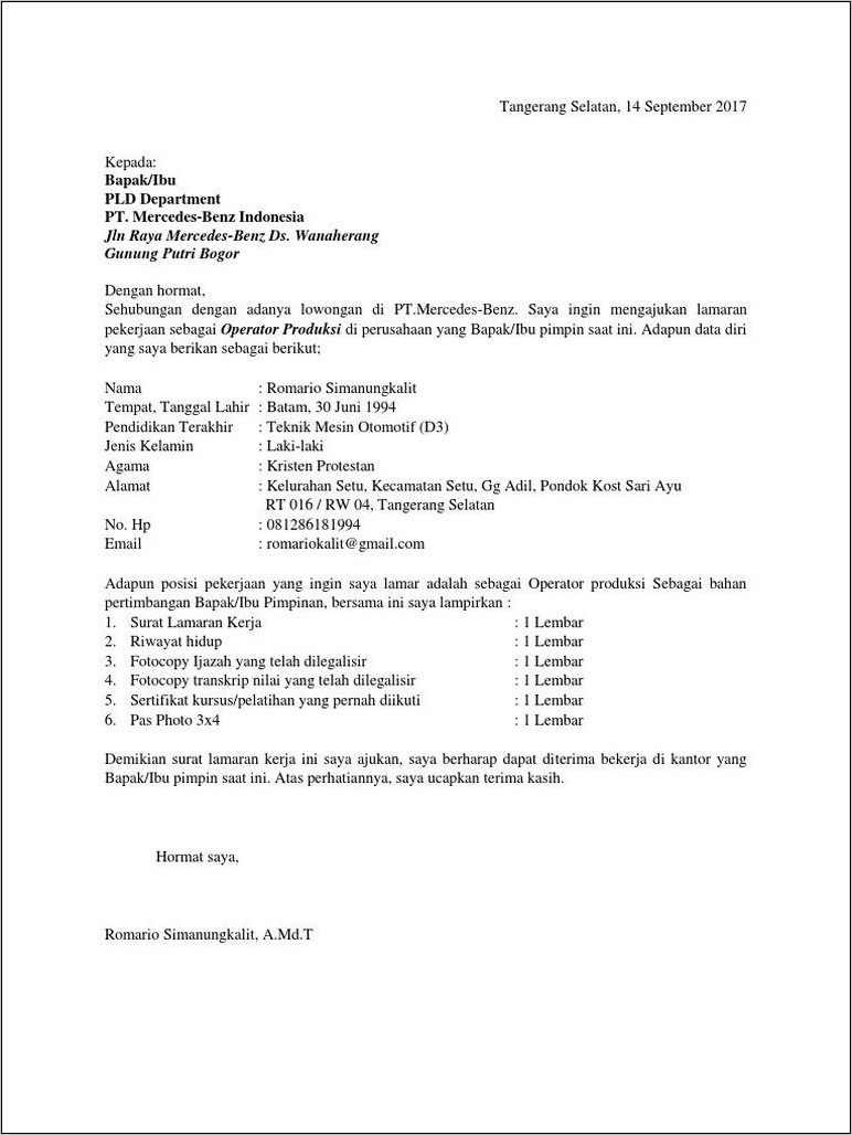 Contoh Surat Lamaran Kerja Di Pt Mmc Metal Fabricatipon