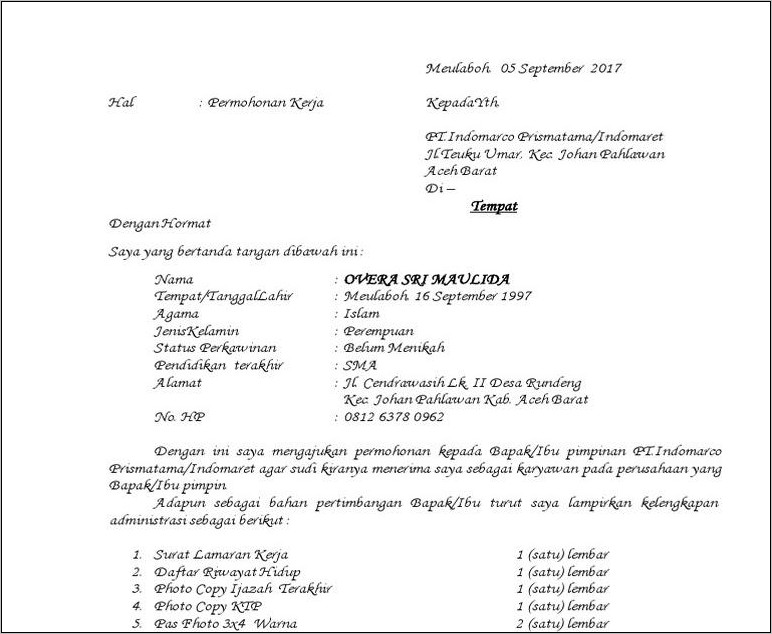 Contoh Surat Lamaran Kerja Di Pt Pnm Mekar