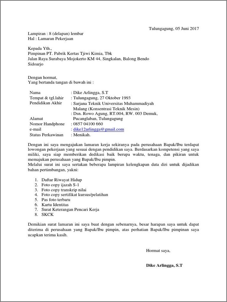 Contoh Surat Lamaran Kerja Di Pt Tjiwi