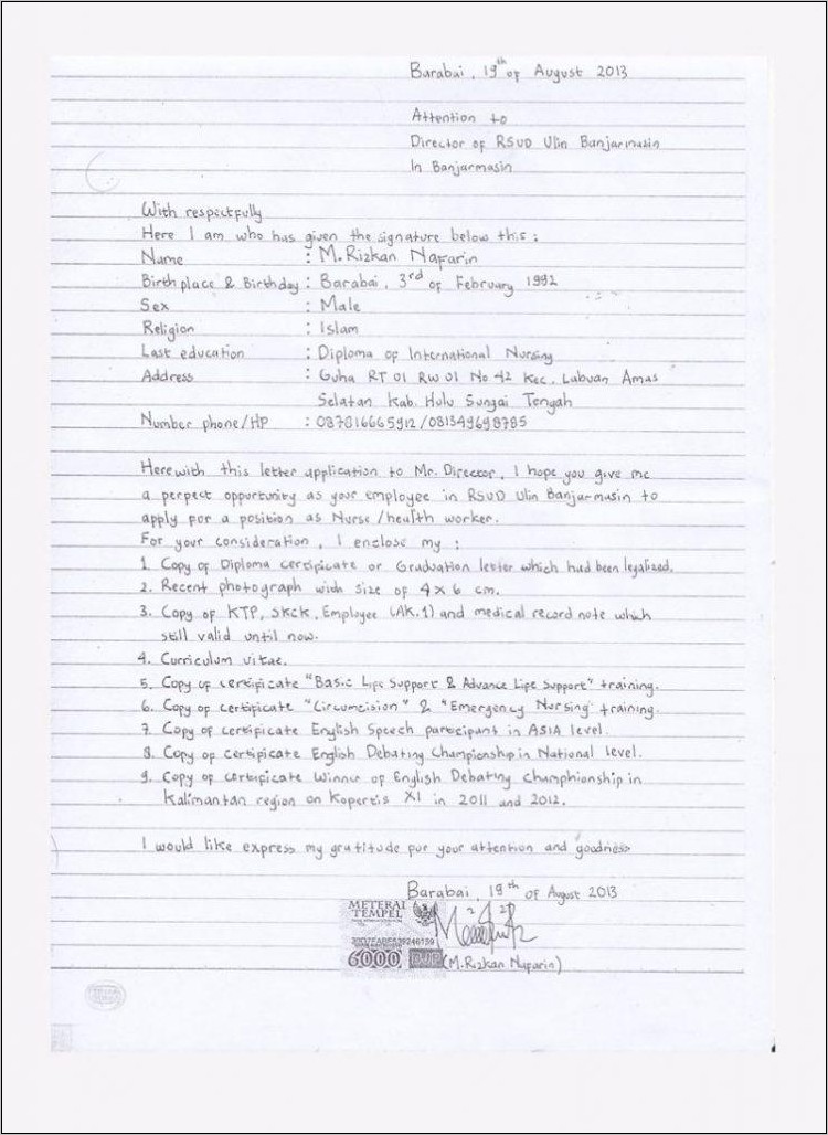 Contoh Surat Lamaran Kerja Di Pt Tulis Tangan 2018