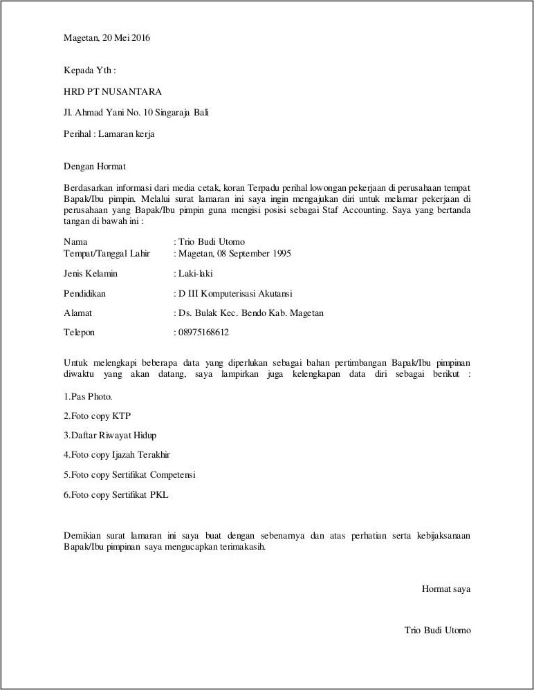 Contoh Surat Lamaran Kerja Di Pura Barutama