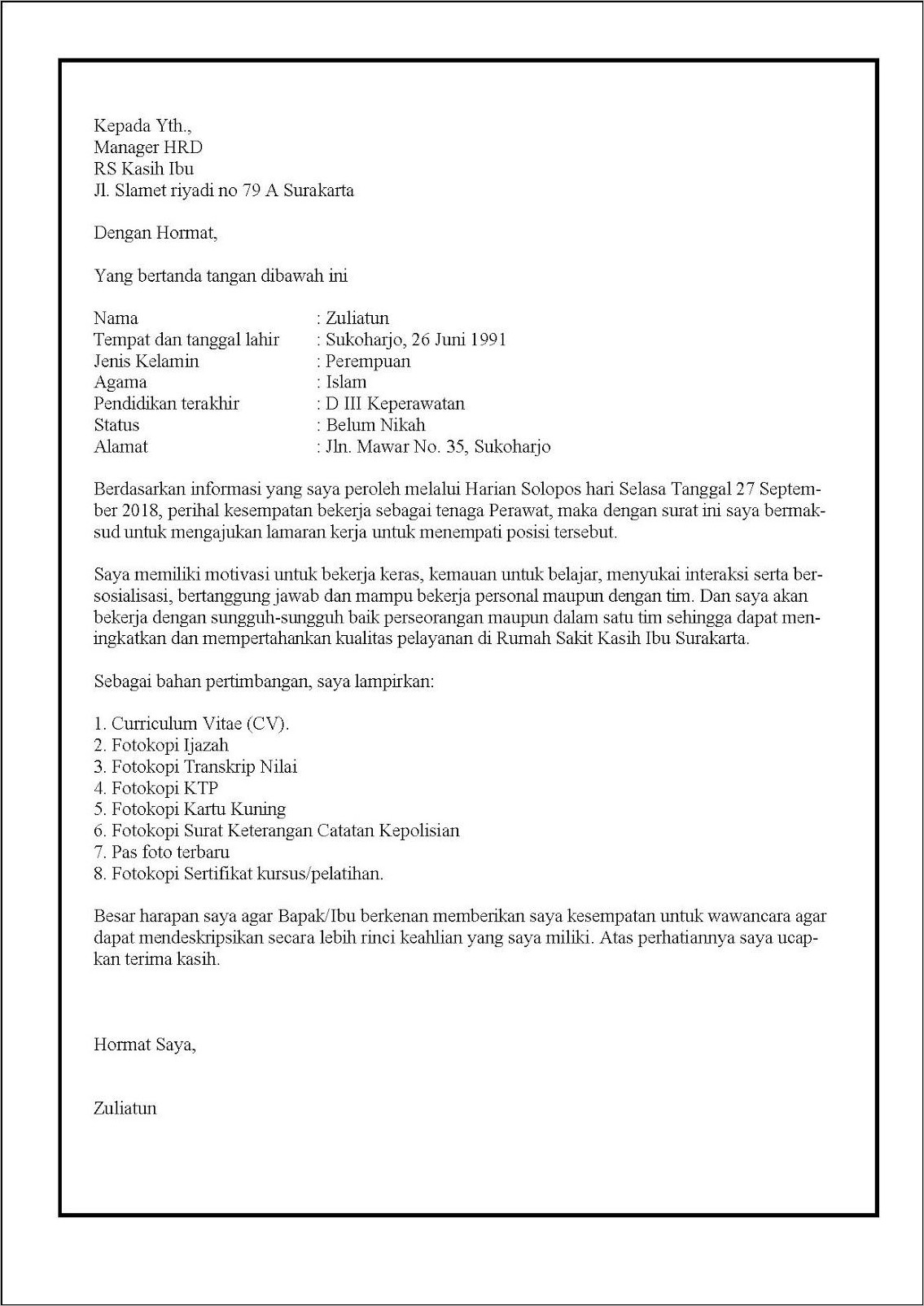 Contoh Surat Lamaran Kerja Di Rumah Sakit Kasih Ibu