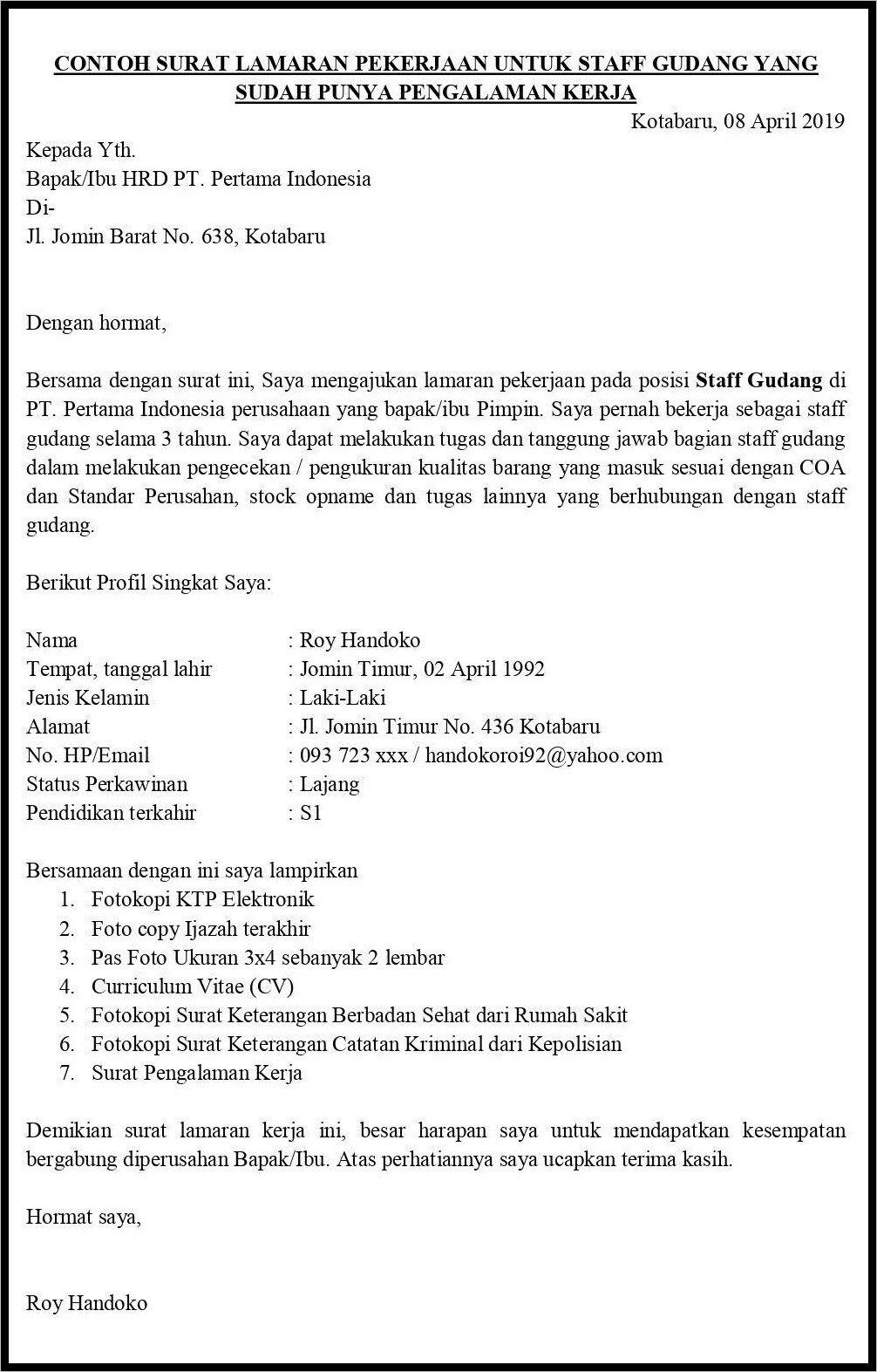 Contoh Surat Lamaran Kerja Di Si Cepat