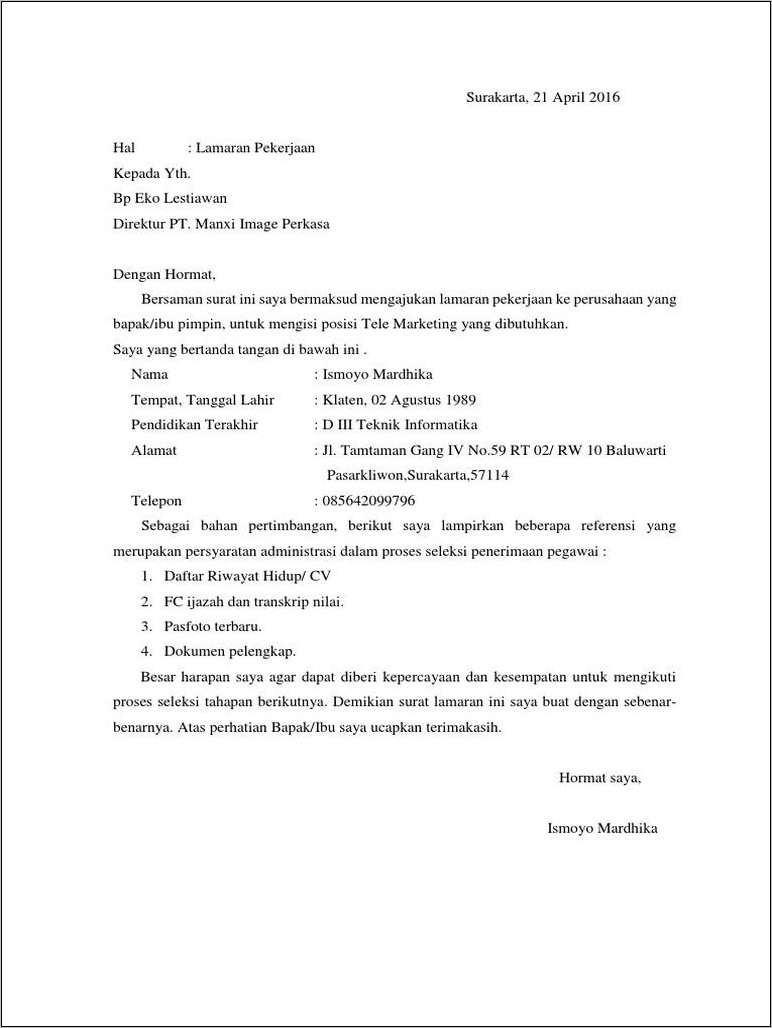 Contoh Surat Lamaran Kerja Di Snow White