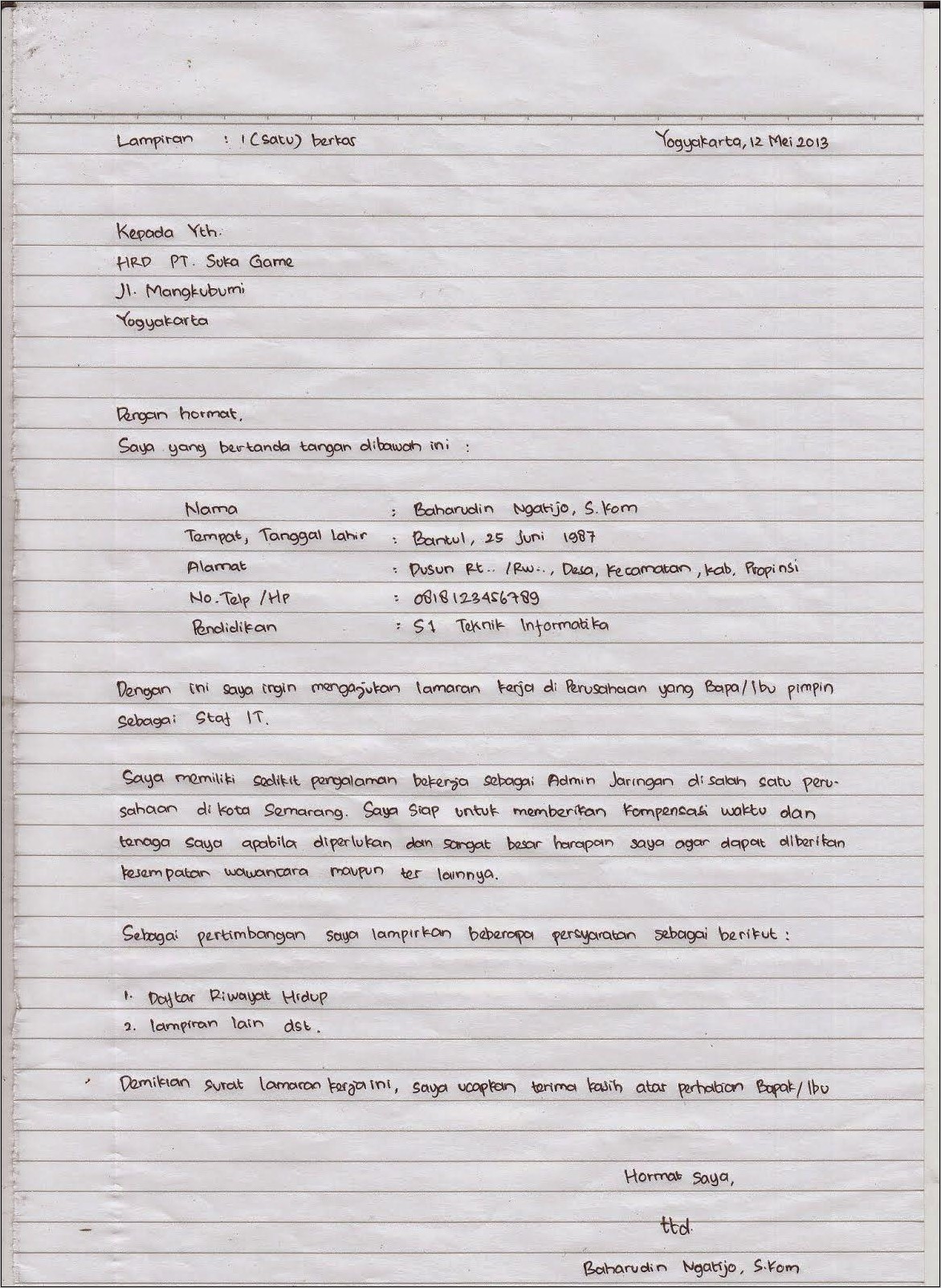 Contoh Surat Lamaran Kerja Di Solaria