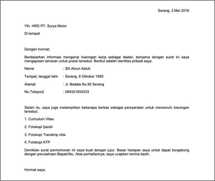 Contoh Surat Lamaran Kerja Di Utama Motor