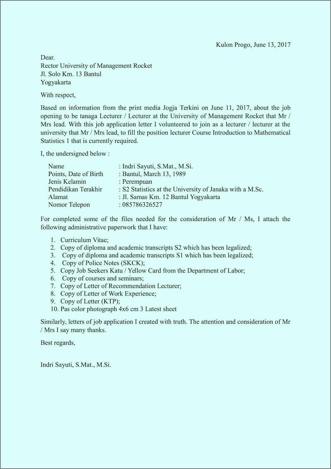 Contoh Surat Lamaran Kerja Dinas Kebersihan.doc