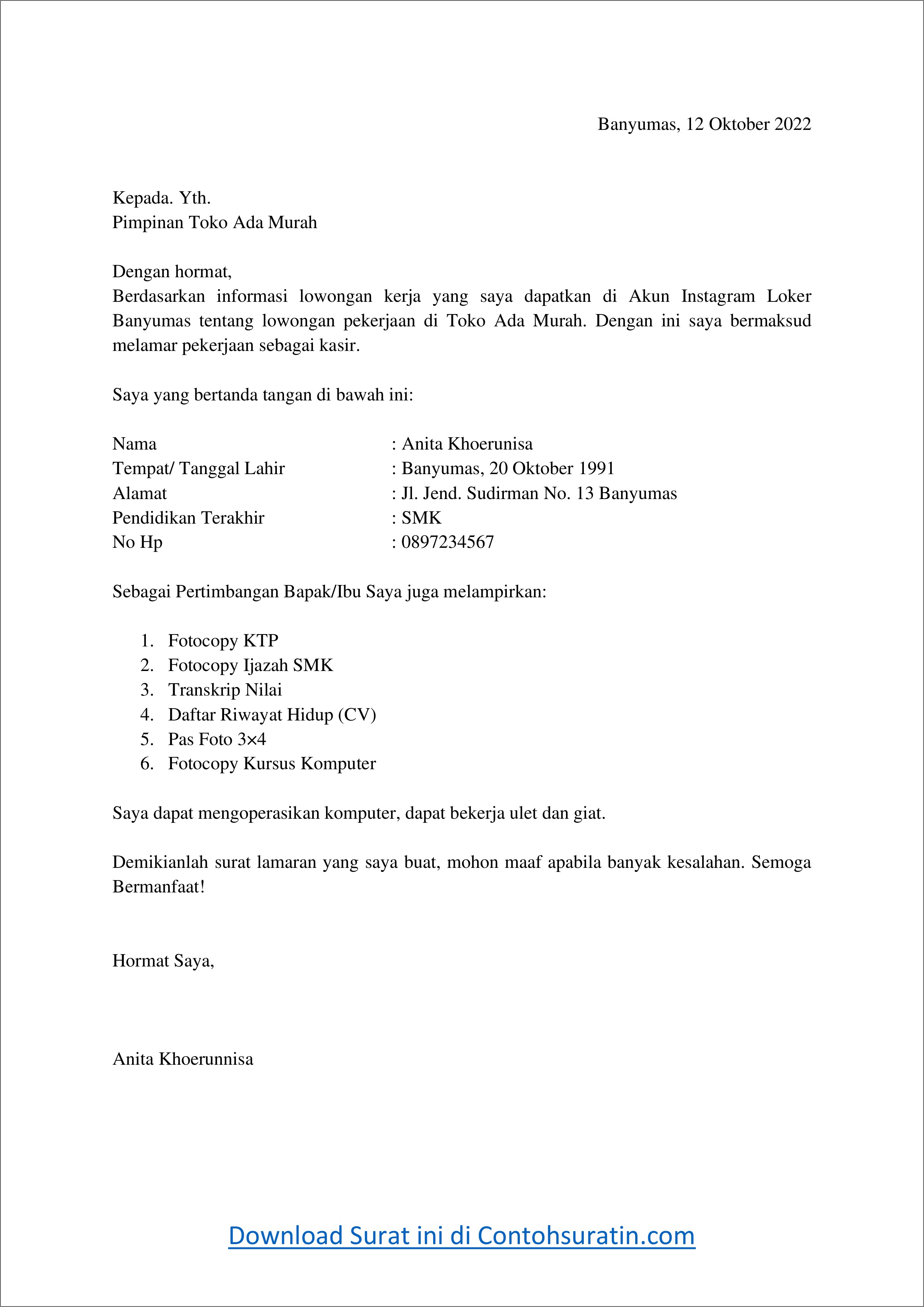 Contoh Surat Lamaran Kerja Ditoko Swalayan