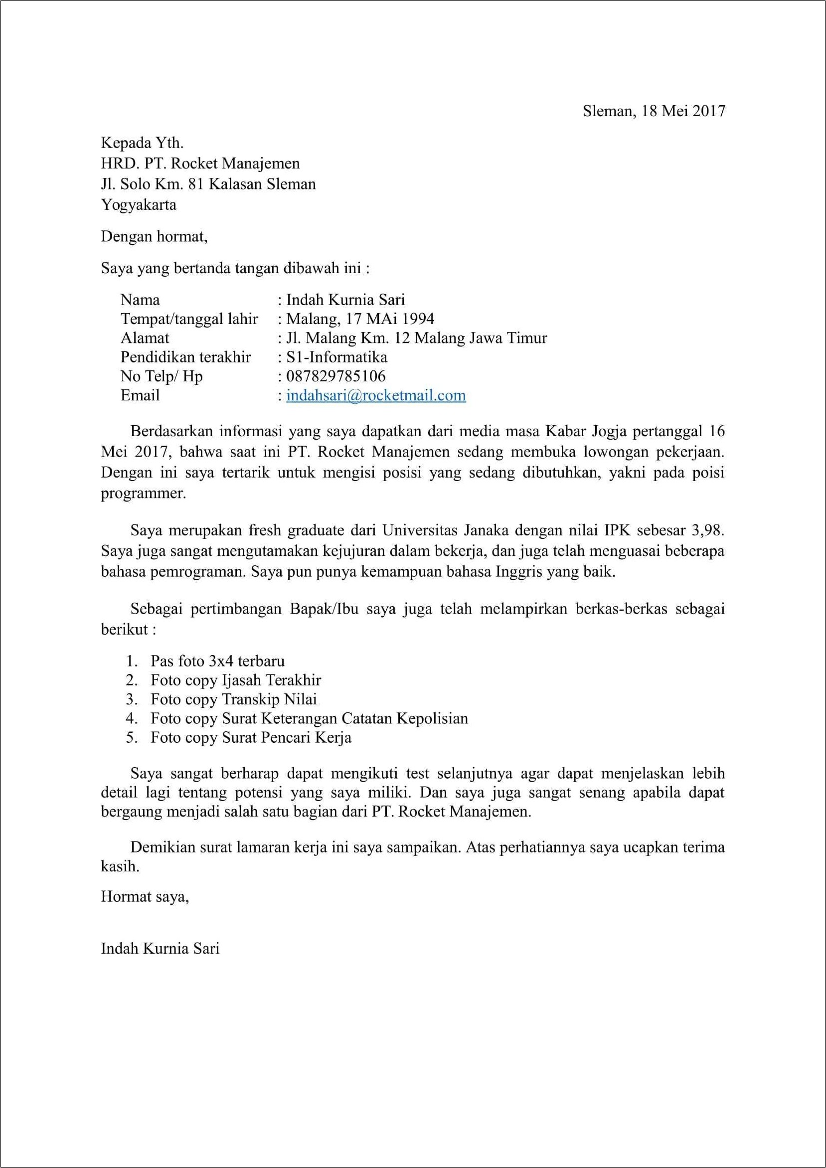 Contoh Surat Lamaran Kerja Ditujukan Hrd Pt Pasangkayu