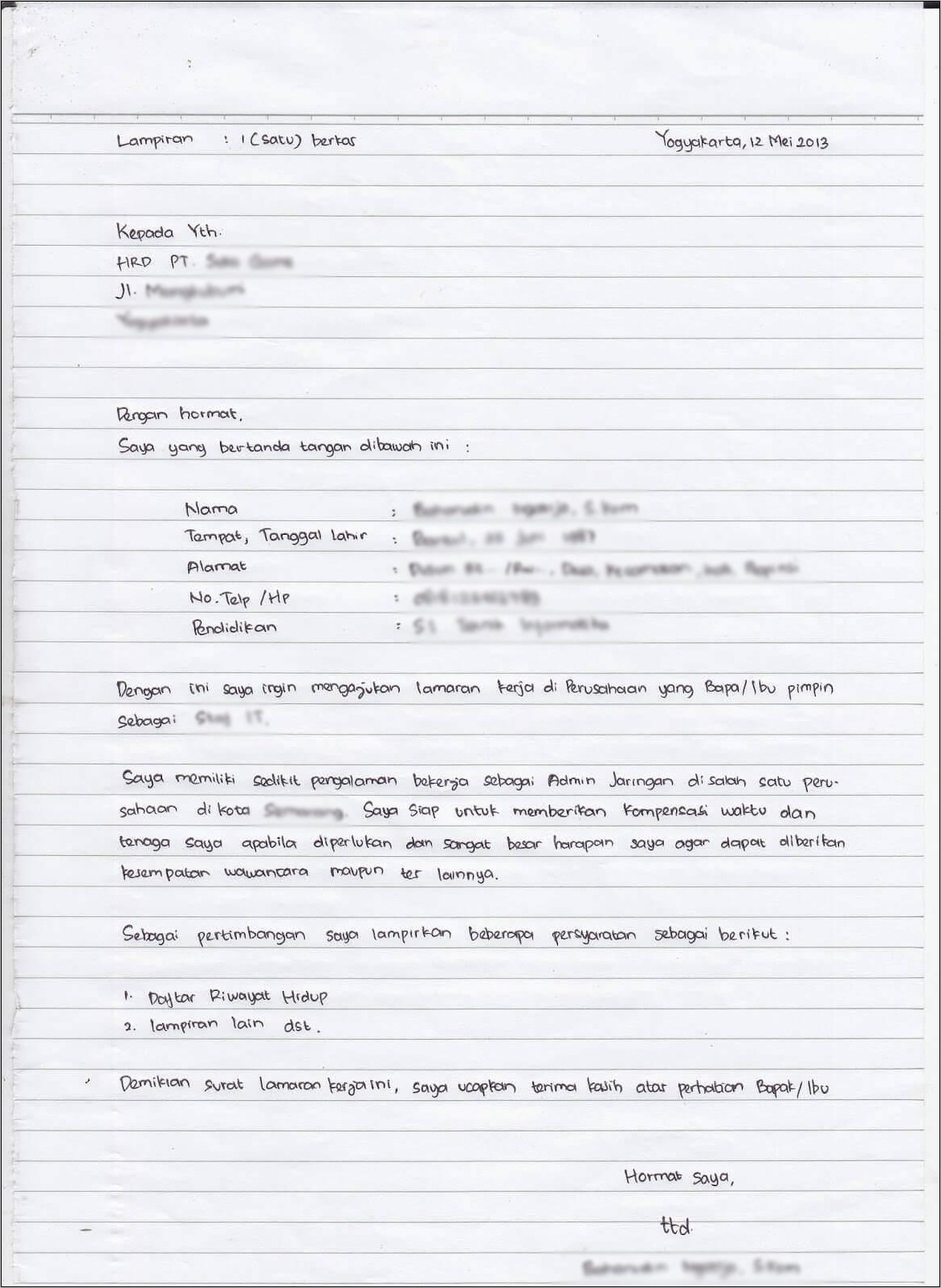 Contoh Surat Lamaran Kerja Ditujukan Hrd