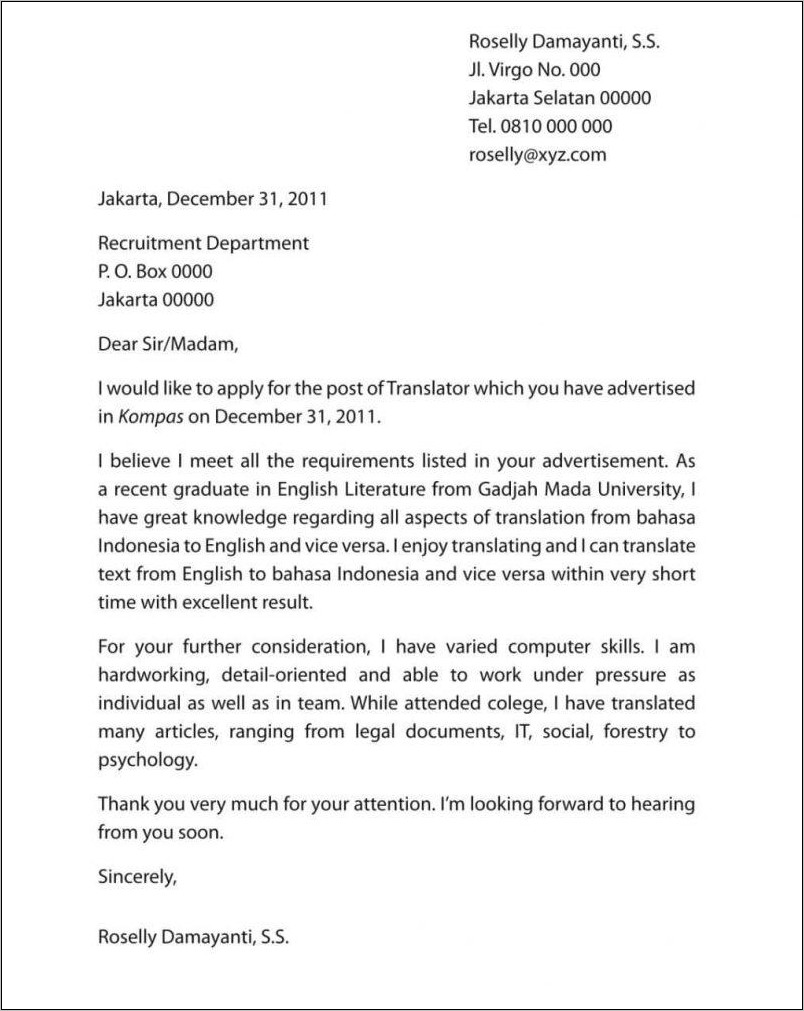 Contoh Surat Lamaran Kerja Dlm Bhs Inggris Dan Artinya - Surat Lamaran