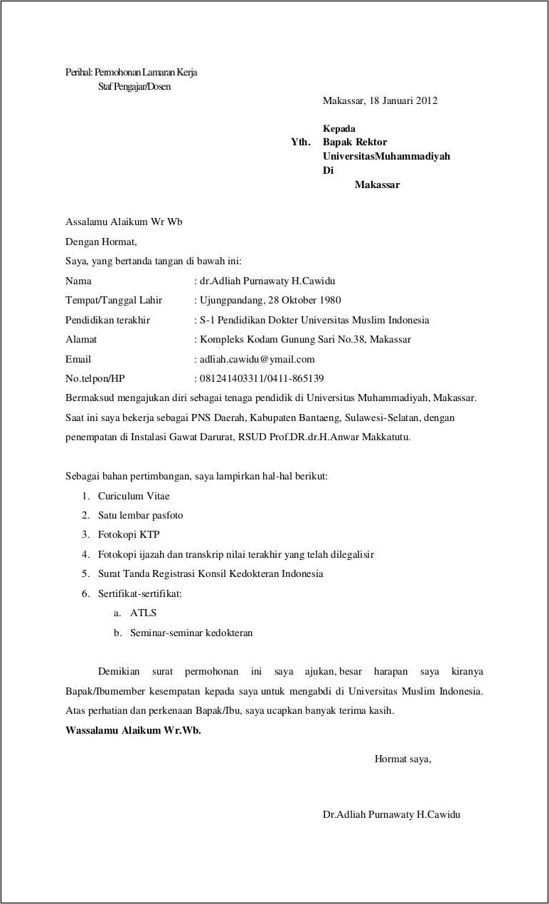 Contoh Surat Lamaran Kerja Dosen 2019