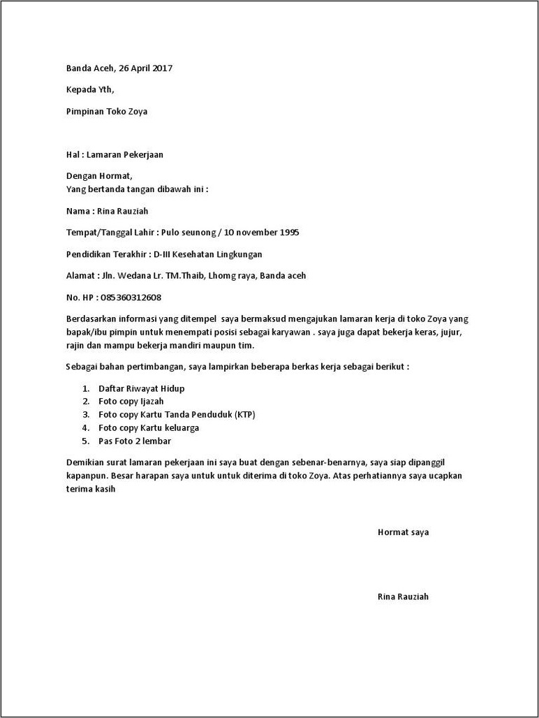 Contoh Surat Lamaran Kerja Elzatta