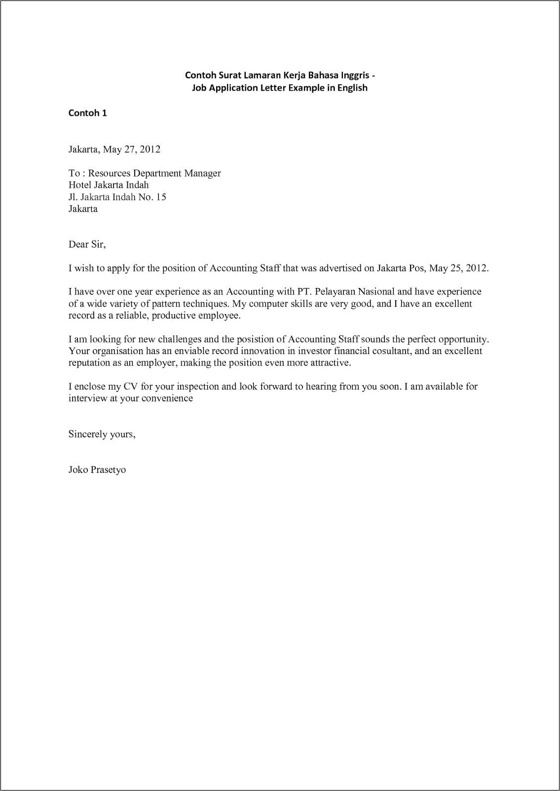 Contoh Surat Lamaran Kerja Email Dalam Bahasa Inggris