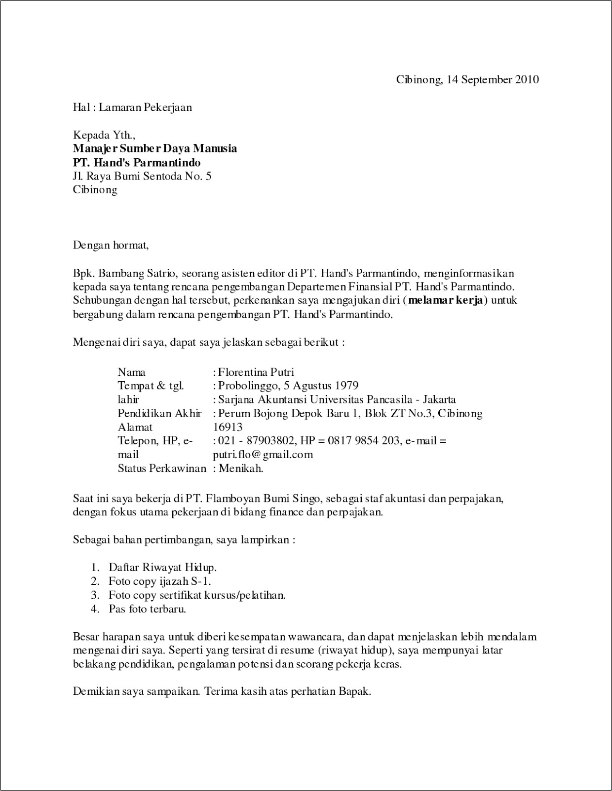 Contoh Surat Lamaran Kerja Formal Untuk Semua Perusahaan