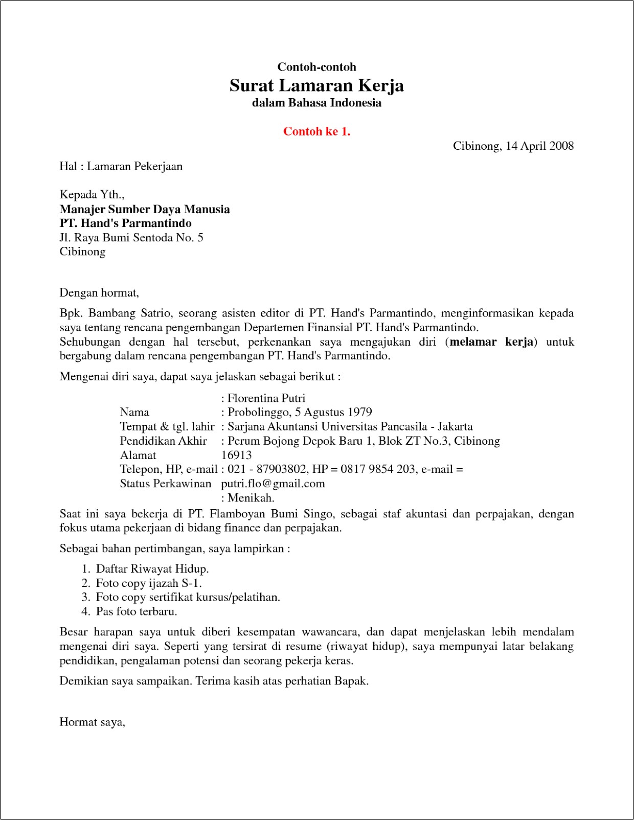 Contoh Surat Lamaran Kerja Format Doc Dan Pdf