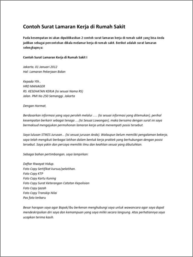 Contoh Surat Lamaran Kerja Format Docx