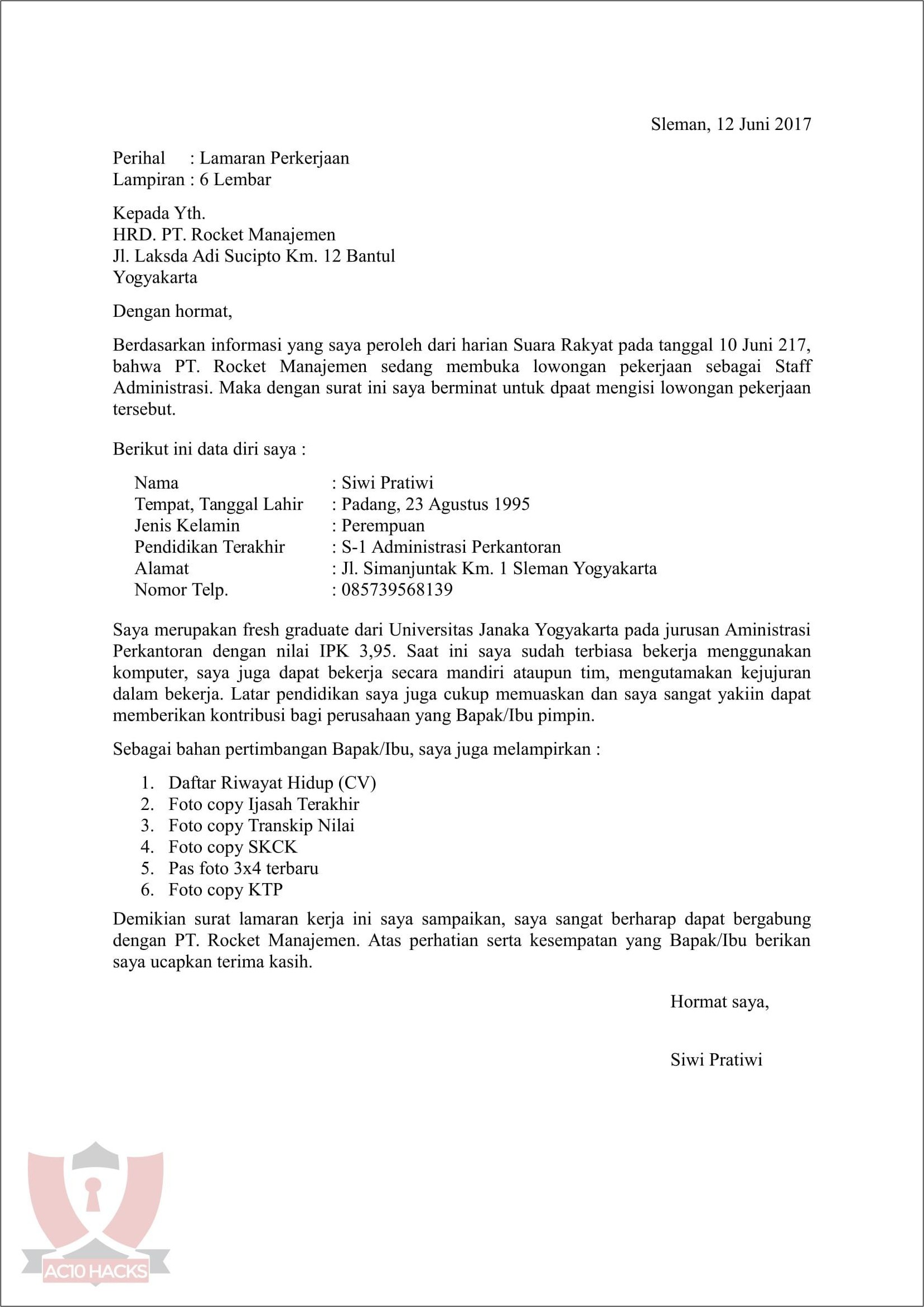 Contoh Surat Lamaran Kerja Fresh Graduate Di Rumah Sakit
