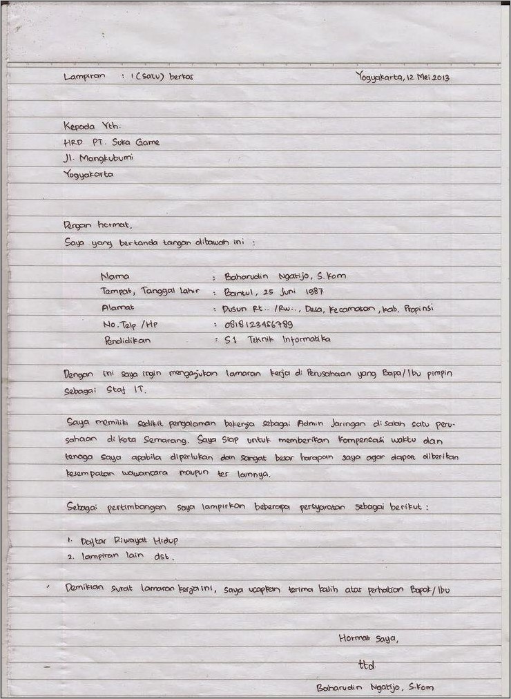 Contoh Surat Lamaran Kerja Frontliner Di Penjualan Barang