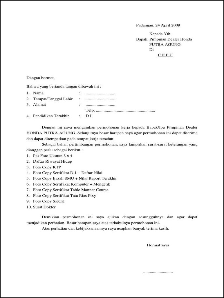 Contoh Surat Lamaran Kerja Honda Mobil