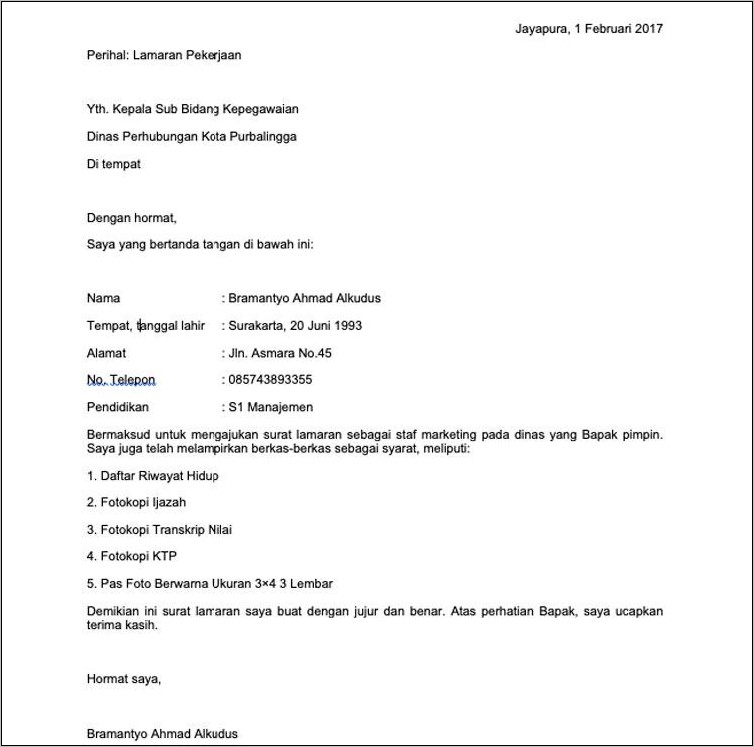Contoh Surat Lamaran Kerja Honorer 2017