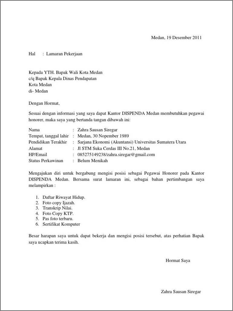 Contoh Surat Lamaran Kerja Honorer Pdf