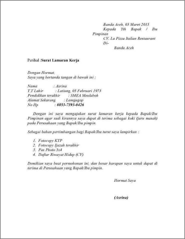 Contoh Surat Lamaran Kerja Jabatan