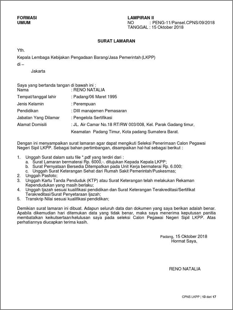 Contoh Surat Lamaran Kerja Jaritek