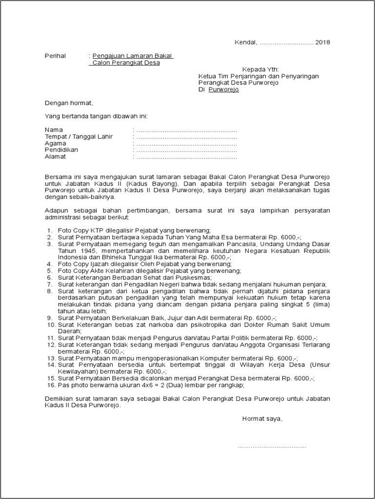 Contoh Surat Lamaran Kerja Kadus