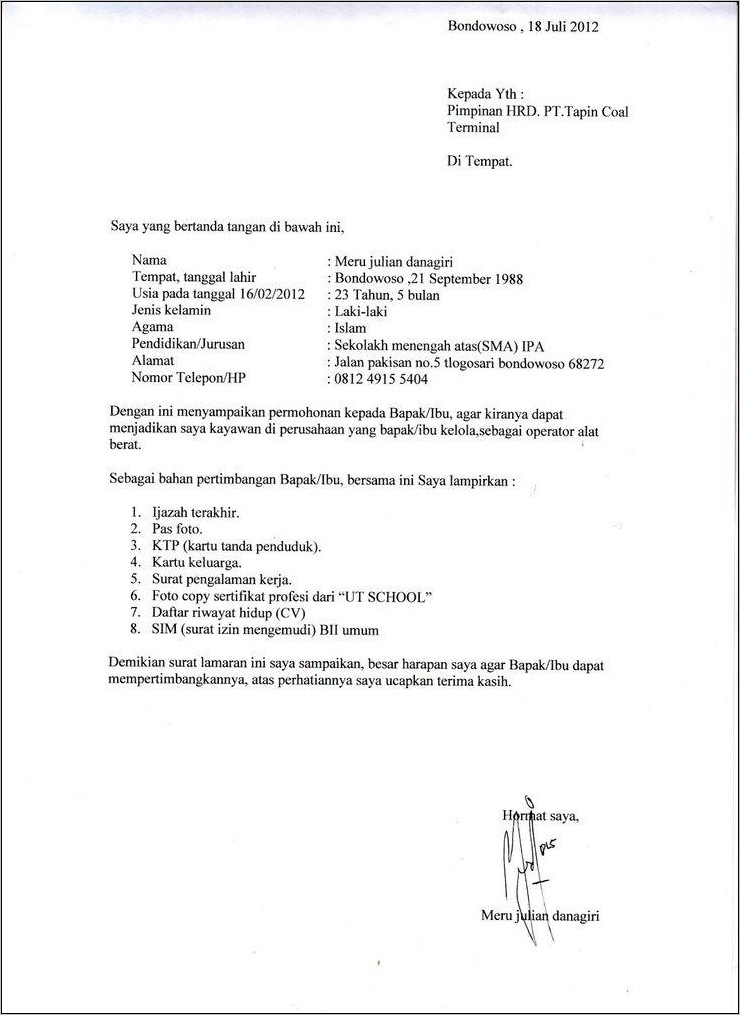 Contoh Surat Lamaran Kerja Kantor Dpr